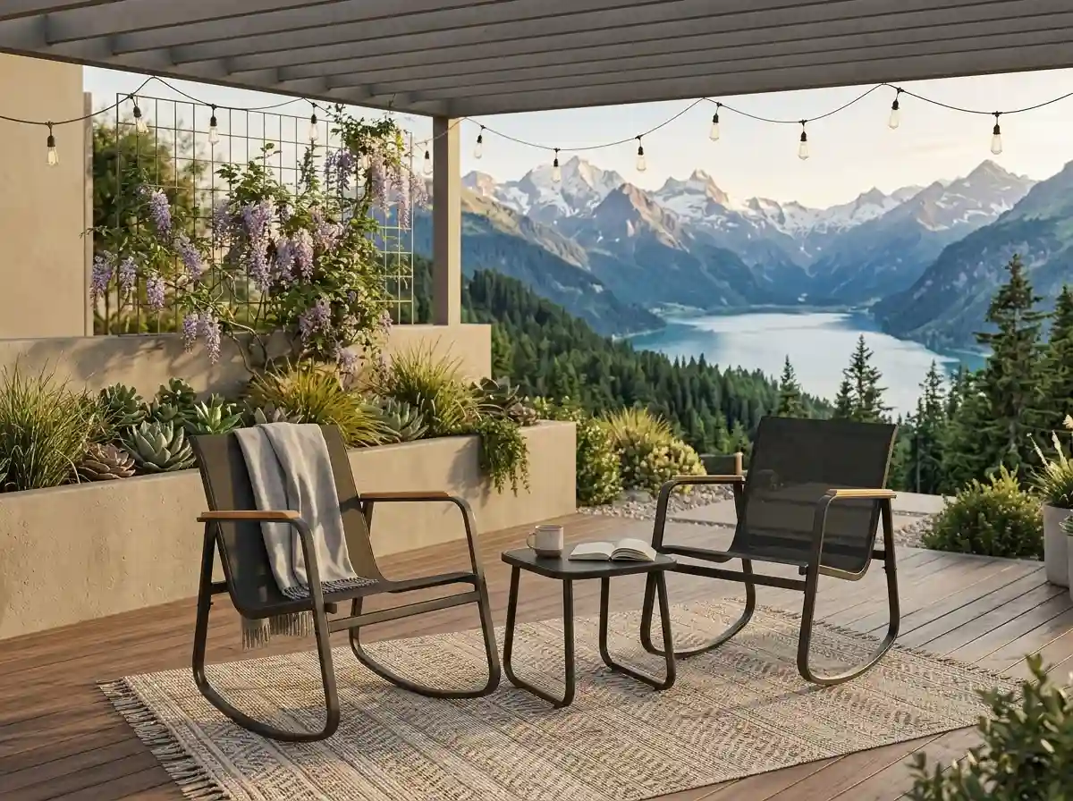 Aiho outdoor patio furniture set in a beautifully landscaped American backyard