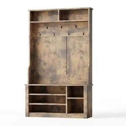 Aiho 3-in-1 entryway hall tree with coat rack, shoe bench and storage shelves in rustic brown