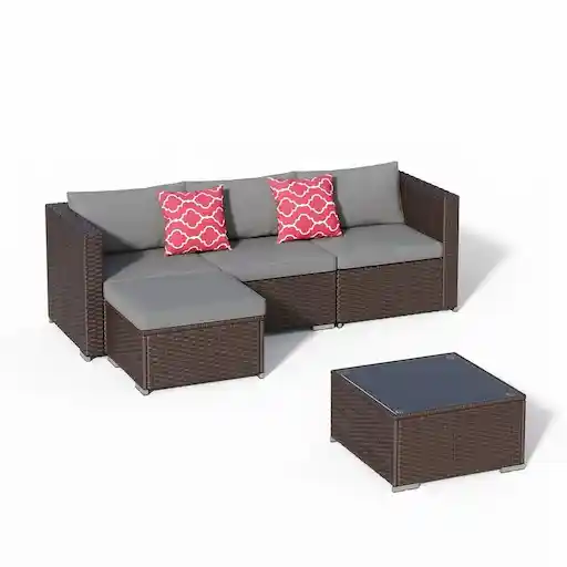 Aiho 5-piece all-weather wicker outdoor sectional patio furniture set with grey cushions and glass table
