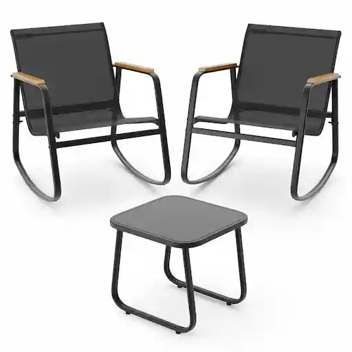 Aiho 3-piece rocking bistro set with Textilene fabric chairs and tempered glass coffee table in black